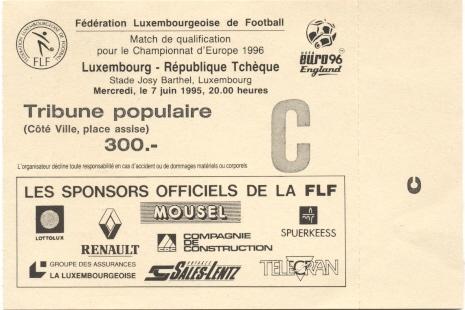 билет Люксембург-Чехия 1995 отб.ЧЕ-1996 / Luxembourg-Czech Republic match ticket