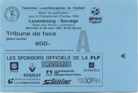 билет Люксембург-Норвегия 1995 a отбор ЧЕ-1996 / Luxembourg-Norway match ticket