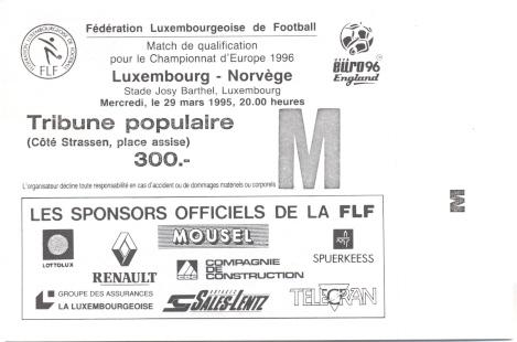 билет Люксембург-Норвегия 1995 b отбор ЧЕ-1996 / Luxembourg-Norway match ticket