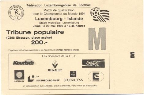 билет Люксембург- Исландия 1993 отбор ЧМ-1994 / Luxembourg- Iceland match ticket