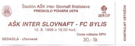 билет Inter Bratislava,Slovakia/Словак- FC Bylis,Albania/Албан.1999 match ticket