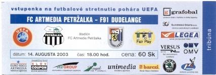 билет Petrzalka,Slovakia/Словак-F9 1 Dudelange, Luxembourg/Люкс.2003 match ticke
