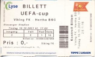 билет Viking Stavanger, Norway/Норвег.-Hertha BSC,Germany/Герм.2001 match ticket