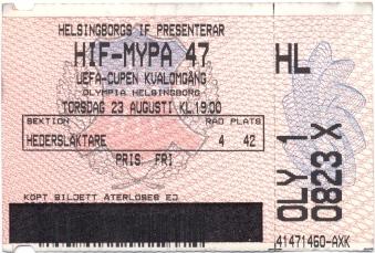 билет Helsingborgs IF,Sweden/Швеция- MyPa 47,Finland/Финляндия 2001 match ticket