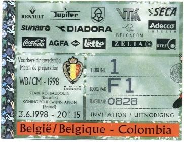 билет Бельгия-Колумбия 1998 МТМ / Belgium-Colombia friendly match stadium ticket