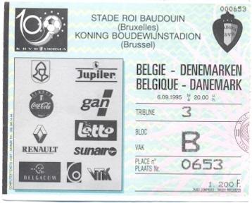 билет Бельгия-Дания 1995 отбор на ЧЕ-1996 / Belgium-Denmark match stadium ticket