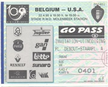 билет Бельгия - США 1995 МТМ / Belgium - USA friendly match stadium ticket