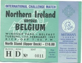 билет Сев.Ирландия-Бельгия 1997 МТМ /North.Ireland-Belgium friendly match ticket