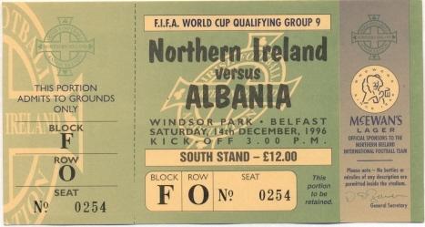 билет Сев.Ирландия-Албания 1996 отб.ЧМ-1998 / North.Ireland-Albania match ticket