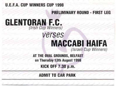 билет Glentoran FC,N.Ireland/Сев.Ирл-Maccabi Haifa,Israel/Изр. 1998 match ticket