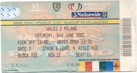 билет Уэльс - Польша 2001 отбор на ЧМ-2002 / Wales - Poland match stadium ticket