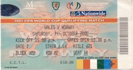 билет Уэльс- Норвегия 2001 отбор на ЧМ-2002 / Wales- Norway match stadium ticket