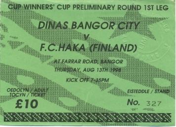 билет Bangor City,Wales/Уэльс-Haka Valkeakoski,Finland/Финлян. 1998 match ticket