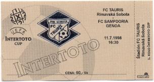 билет Tauris Rimavska,Slovakia/Словак-UC Sampdoria, Italy/Итал.1998 match ticket
