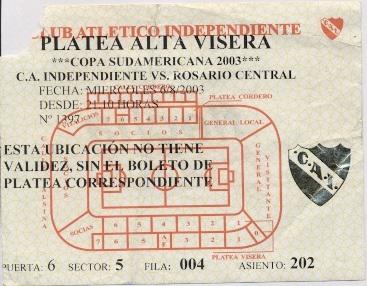 билет Independiente,Argentina- Rosario C,Arg.Copa Sudamericana 2003 match ticket