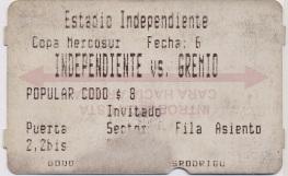 билет Independiente,Argentina- Gremio,Brazil MercoSur cup match stadium ticket