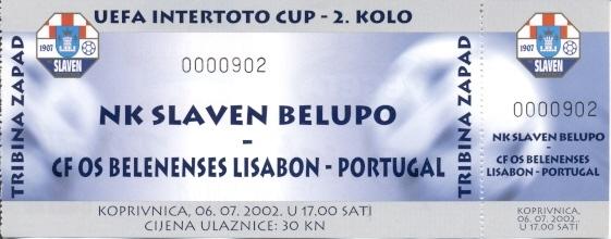 билет Slaven,Croatia/Хорватия- Belenenses, Portugal/Португалия 2002 match ticket