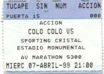 билет Colo Colo,Chile- Sporting Cristal,Peru Copa Libertadores 1999 match ticket