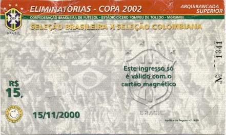 билет Бразилия-Колумбия 2000a отб.ЧМ-2002 /Brazil-Colombia football match ticket