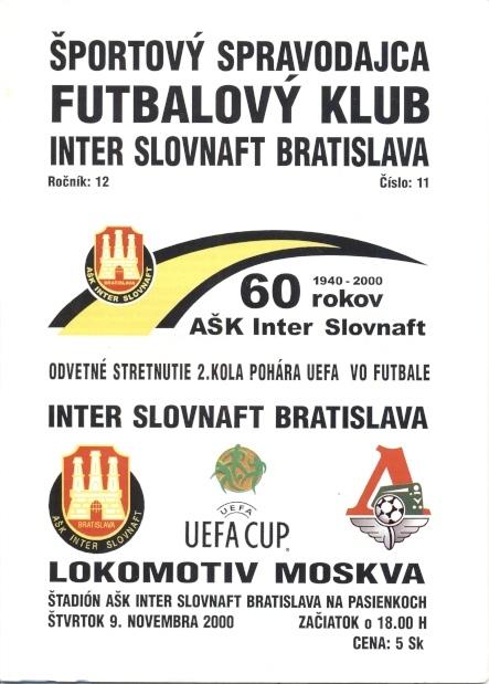 Интер/Inter,Slovak/Словак- Локомотив/Lok.Moscow, Russ./Росс.2000 match programme