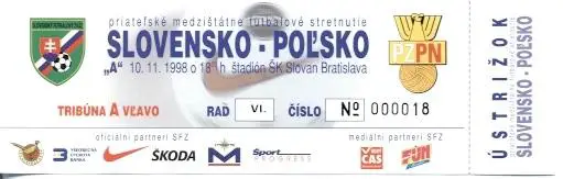 билет Словакия-Польша 1998 МТМ / Slovakia-Poland friendly football match ticket