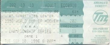 билет Кубок Мира 1996 США-Канада финал /USA-Canada hockey World Cup final ticket