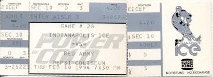 билет ИХЛ 1994 Индианаполис-ЦСКА / Indianapolis Ice-Red Army, IHL hockey ticket