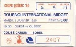 билет Канада юниоры сб.Квебек-Запад 1990/West-Quebec Canada midget hockey ticket