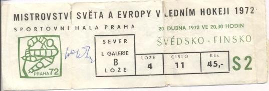 билет Чемп-т Мира 1972 Швец-Финл./Sweden-Finland hockey World Champ.match ticket