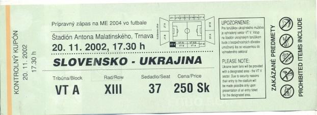 билет Словакия-Украина 2002 МТМ /Slovakia-Ukraine friendly football match ticket