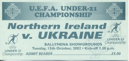 билет Сев.Ирландия-Украина 2002 молодеж. /North.Ireland-Ukraine U21 match ticket