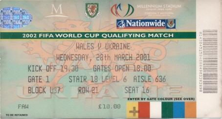 билет сб.Уэльс-Украина 2001 отбор ЧМ-2002 / Wales-Ukraine football match ticket