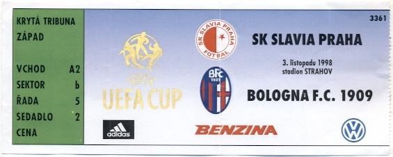 билет Slavia Prague,Czech Rep./Чехия-Bologna FC,Italy/Италия 1998a match ticket