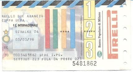 билет FC Internazionale,Italy/Италия - Schalke 04,Germany/Герм.1998 match ticket