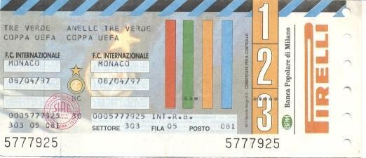 билет FC Internazionale,Italy/Италия- AS Monaco,France/Франция 1997 match ticket