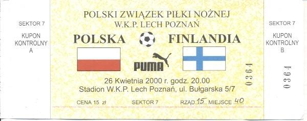 билет сб.Польша-Финляндия 2000 МТМ/Poland-Finland friendly football match ticket
