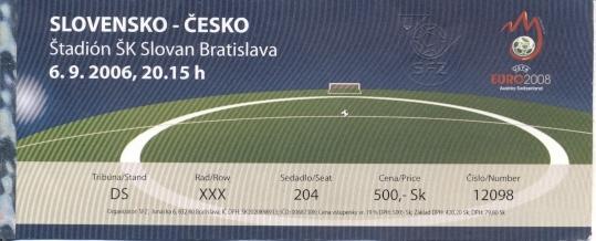 билет сб. Словакия-Чехия 2006 отб.ЧЕ-2008 / Slovakia-Czech Republic match ticket