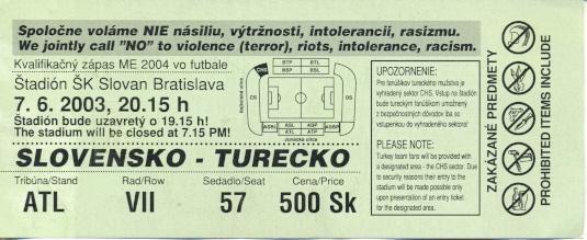 билет сб.Словакия-Турция 2003 отб.ЧЕ-2004 /Slovakia-Turkey football match ticket