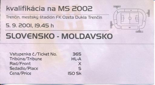 билет сб. Словакия-Молдова 2001 отбор на ЧМ-2002 / Slovakia-Moldova match ticket