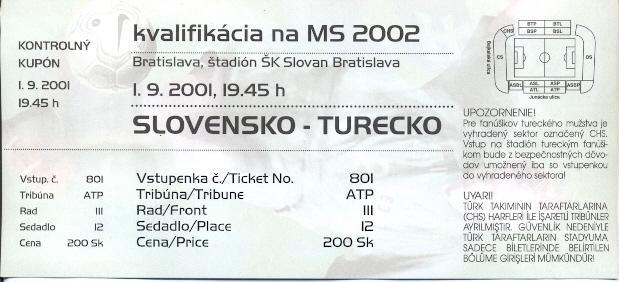 билет сб.Словакия-Турция 2001 отб.ЧМ-2002 /Slovakia-Turkey football match ticket