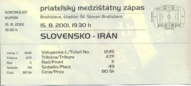 билет сб. Словакия-иран 2001 МТМ / Slovakia-iran friendly football match ticket