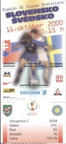 билет Словакия-Швеция 2000 отбор ЧМ-2002 / Slovakia-Sweden match stadium ticket