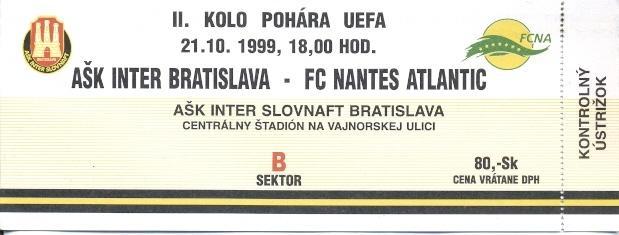 билет Inter Bratislava,Slovakia/Словак- FC Nantes,France/Франц.1999 match ticket