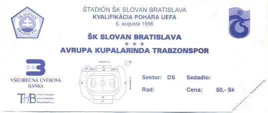 билет Slovan Bratislava,Slovak/Словак- Trabzonspor Turkey/Турц.1999 match ticket