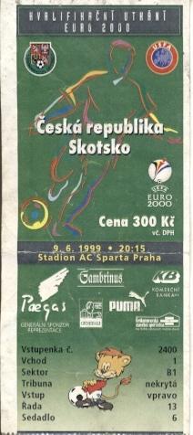 билет сб.Чехия-Шотландия 1999a отб.ЧЕ-2000 /Czech Republic-Scotland match ticket
