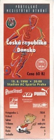билет сб.Чехия-Дания 1998 МТМ /Czech Rep.-Denmark friendly football match ticket