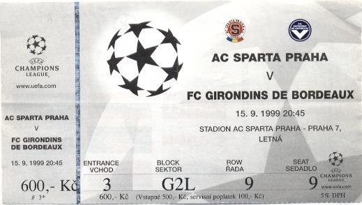 билет Sparta Praha Czech/Чех.-Girondins Bordeaux France/Франц.1999a match ticket