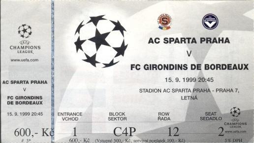 билет Sparta Praha Czech/Чех.-Girondins Bordeaux France/Франц.1999b match ticket