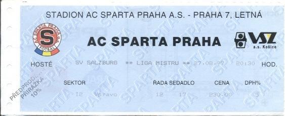 билет Sparta Prague, Czech/Чехия-SV Salzburg, Austria/Австрия 1997b match ticket