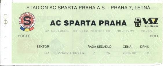 билет Sparta Prague, Czech/Чехия-SV Salzburg, Austria/Австрия 1997с match ticket